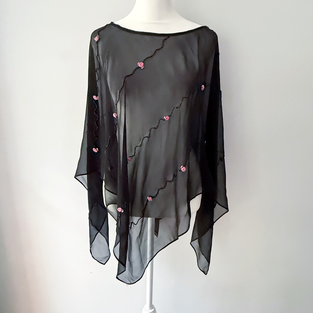 Vintage Y2K Poncho OS 100% Silk Sheer Beaded Floral Coquette Whimsigoth Goth